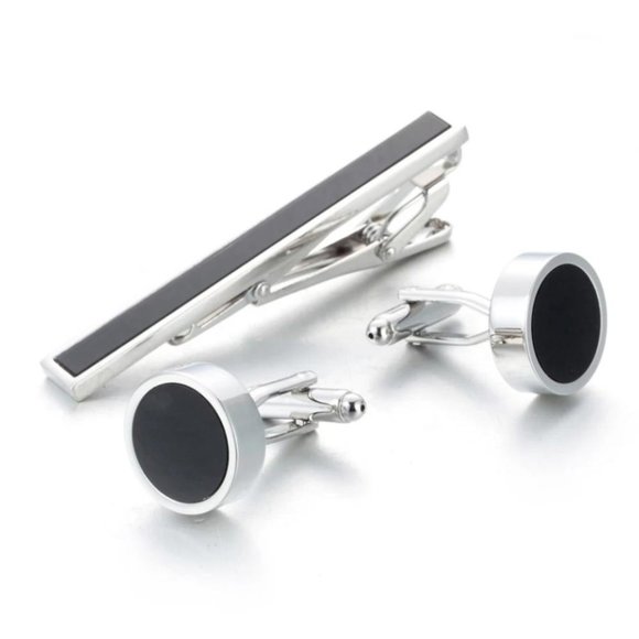 Stainless Steel Round Cuff Links Tie Clip Set - Picture 3 of 6